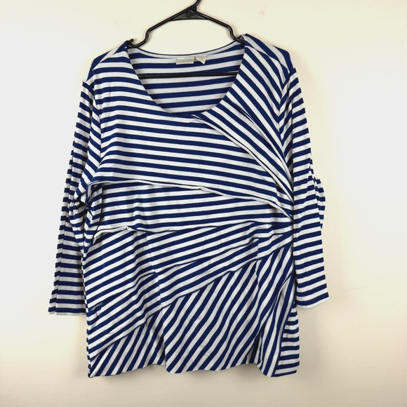 Chico’s 3 (XL) Women’s Blue White Striped Top 3/4 Sleeve Layered Asymmetrical - Picture 1 of 7